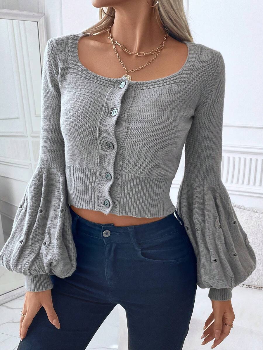 Chiquease Vintage Style Fitted Lantern Sleeve Knitted Cardigan For Women, Short