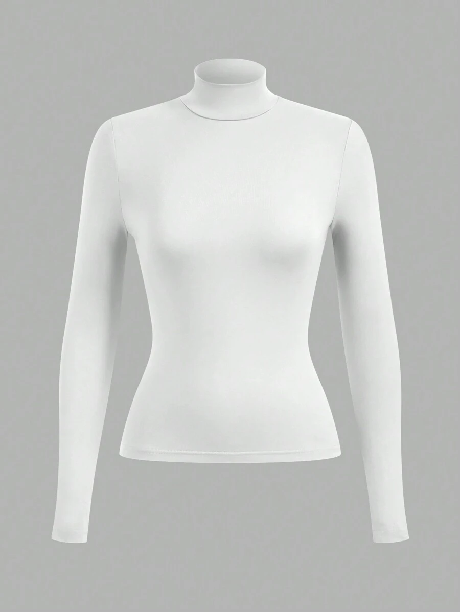 SHEIN BASICS Women's Casual Solid Color Slim Fit Ribbed Knit Long Sleeve T-Shirt - White - View 1