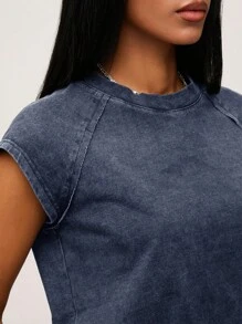 SHEIN BASICS Áo thun cổ tròn dệt kim màu trơn đơn giản thoải mái cho nữ - Màu xanh lam - Xem 4