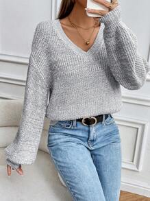 SHEIN PETITE Women's Casual V-Neck Lantern Sleeve Sweater Knit Pullover Fall Winter Outfit - Grey - View 3