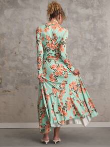 SHEIN Unity Vestido elegante de manga larga con estampado floral y dobladillo con volantes para mujeres