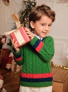 Young Boys Casual V-Neck Striped Patchwork Knitted Long Sleeve Sweater - Green - View 5