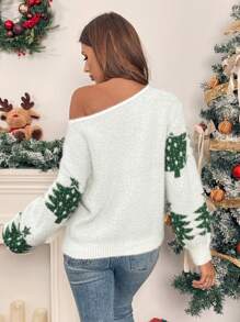 Chiquease Women's Christmas Tree Print Asymmetrical Neck Long Sleeve Pullover Sweater Knit Pullover Fall Winter Outfit - Multicolor - View 2