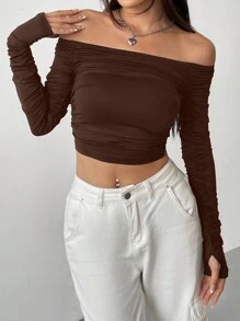SHEIN EZwear 女士 Y2K 露肩长袖短款上衣紧身褶皱短款衬衫露背外出时尚 T 恤 - 棕色 - 查看 4