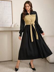 Seusyu 女式长款灯芯绒拼接收腰喇叭裙，配衬衫领，秋冬季 - 黑色 - 查看 4