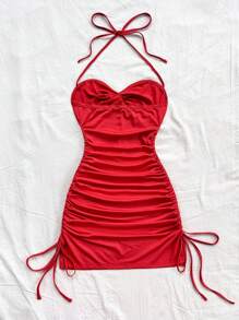 Soleia Sexy Spaghetti Strap Tie Front Twist Drawstring Mini Dress - Red - View 2