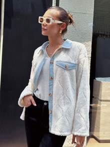SHEIN LUNE Veste femme à manches longues, en polaire colorbloc, chaude et thermique pour l'automne et l'hiver - Blanc - Voir 6