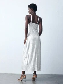 Maija 女式白色优雅长款亮片吊带裙，适合秋冬季