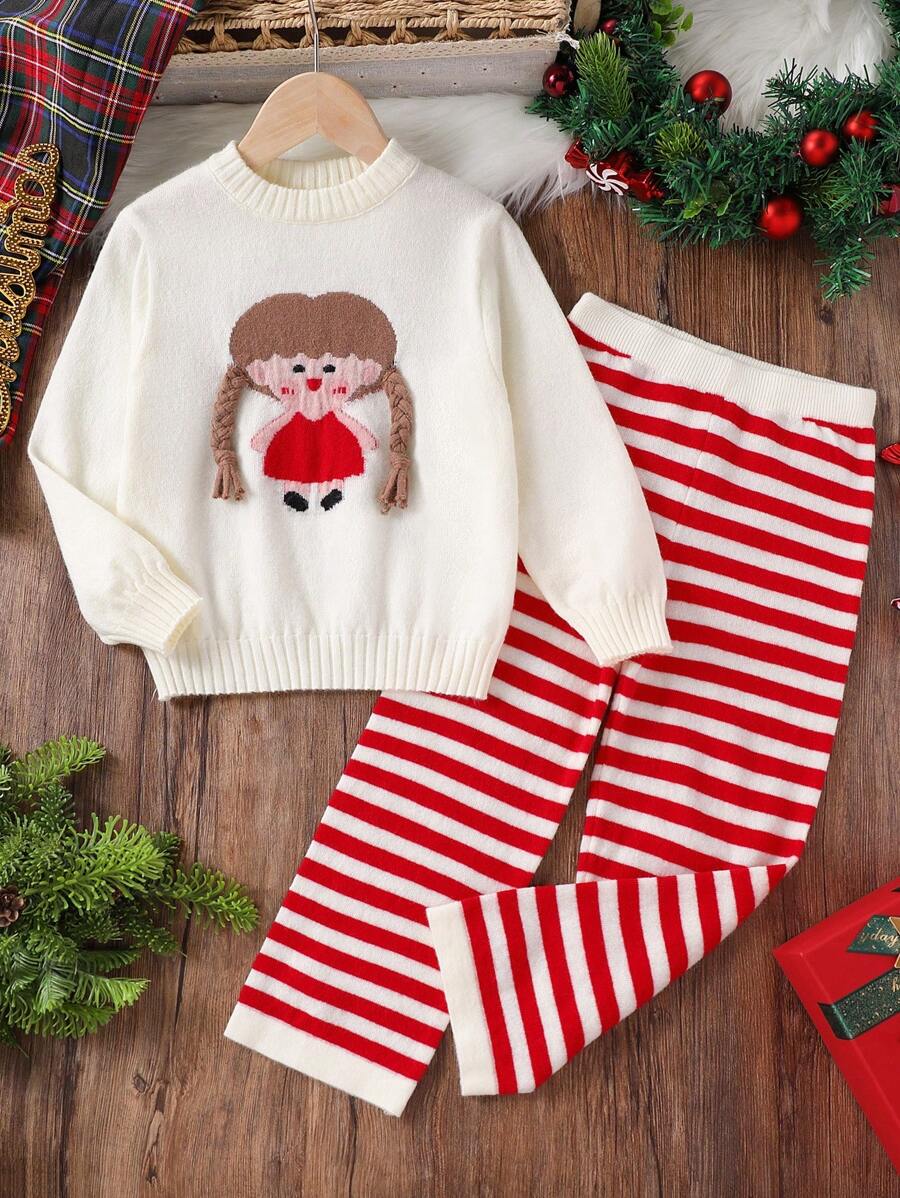 Young Girls' Cartoon Jacquard White Sweater Set,Braided Accents Knitwear & Red & White Striped Straight Leg Pants,Autumn School & Christmas Outfit - Red - View 1