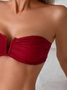 Swim Basics 2pcs Women Solid Color V-Neck Bralette & Briefs Set Summer