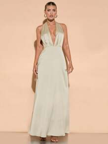 SHEIN BAE Elegante abrikooskleurige satijnen jurk met diepe V-hals en open rug voor dames, geschikt voor feesten, cocktailevenementen, formele gelegenheden, romantische dates en bruidsmeisjesjurken.