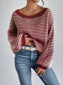 SHEIN LUNE 大码女式秋季露肩横条纹毛衣、商务休闲度假装、乡村上衣