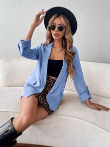 Chiquease Áo khoác blazer dài tay đơn sắc tối giản thường ngày dành cho nữ - Màu xanh lam - Xem 4
