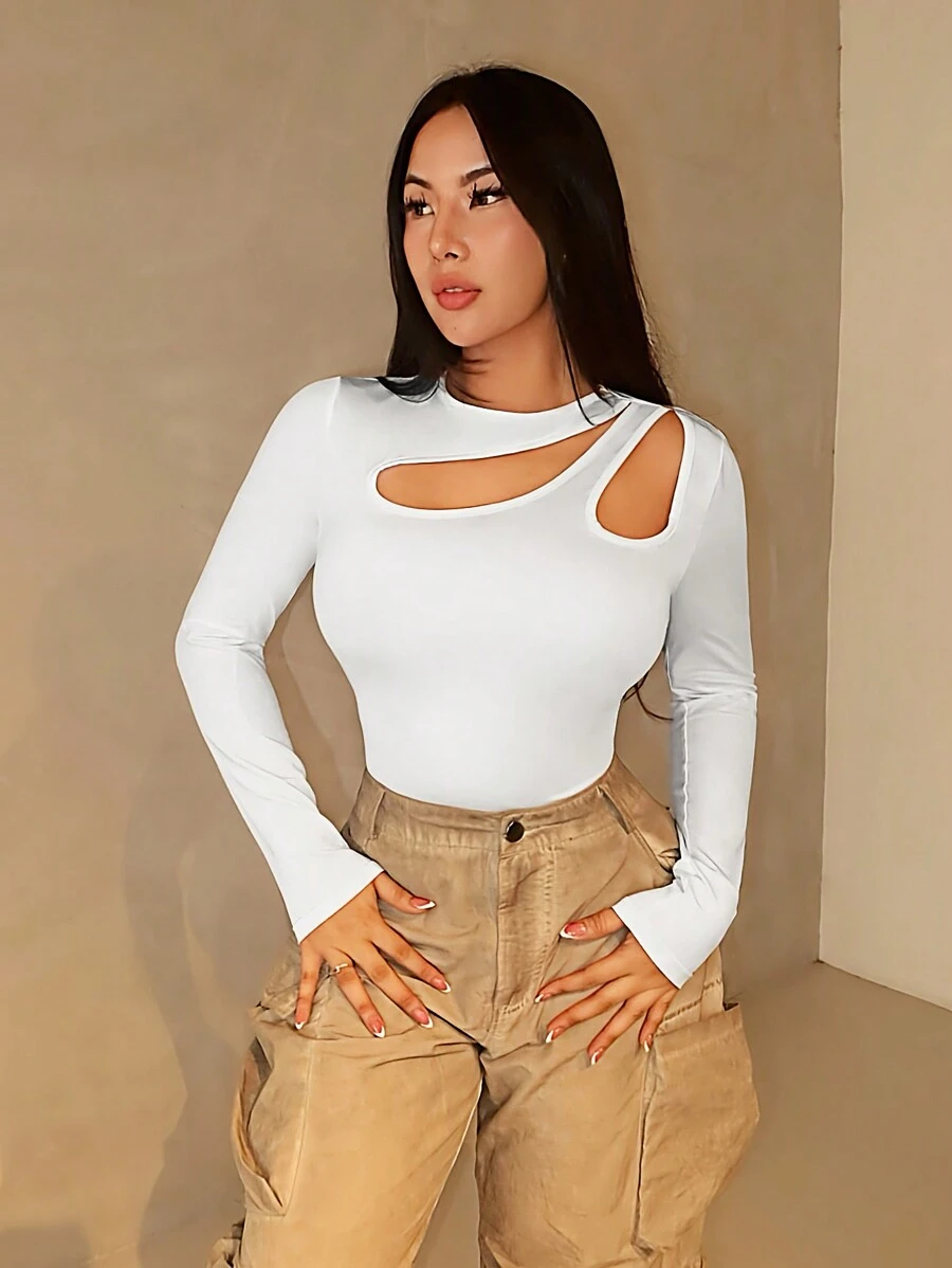 Zolique Body ajustado y sexy de manga larga con diseño de cuello asimétrico para mujeres