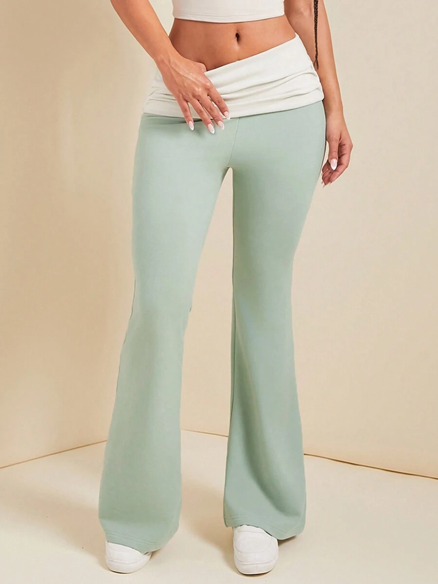 SHEIN SXY Women's Contrast Ruched Waist Flare Leggings - Green - View 1