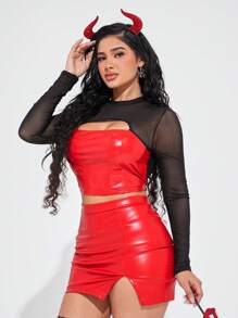 SHEIN SXY Women's Round Neck Long Sleeve Mesh Contrast Hollow Out Simple Casual Top - Red and Black - View 5