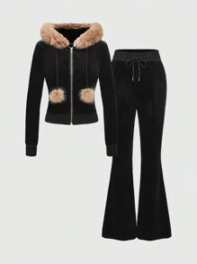 ROMWE Grunge Punk Set de 2 piezas compuesto por top con cremallera y capucha de terciopelo con parches y pantalones acampanados con cordón de mujer