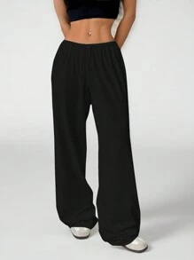 SHEIN PETITE Soft White Knitted Home Pants, Loose Pants - Black - View 4