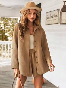 SHEIN VCAY Women's Long Sleeve Buttoned Shirt,Ruffle Waistband Corduroy Shorts,Autumn Camel Casual Everyday Outfit,Minimalist Office Old Money Fall Clothing Sets - Apricot - View 5