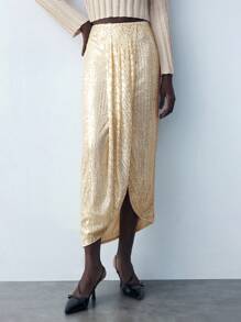 Maija Women's Khaki Sequin Solid Color Pleated Skirt For Party - Gold - View 6