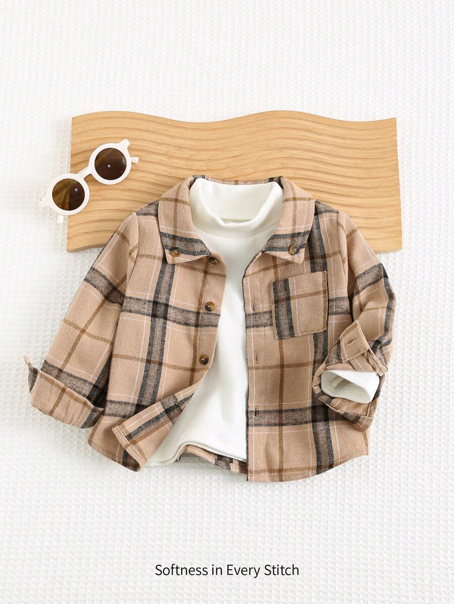 Cozy Pixies Áo sơ mi dài tay cổ kẻ caro thường ngày cho bé trai, quần áo mùa thu - Màu Khaki - Xem 1