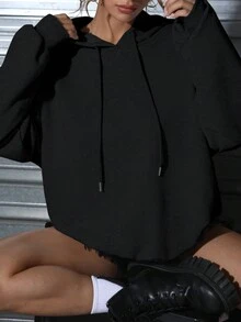 Muchica 女士休闲简约唇印图案宽松连帽卫衣，秋冬款 - 黑色 - 查看 2