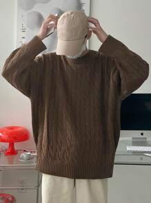 DAZY Men's Solid Color Round Neck Drop Shoulder Long Sleeve Casual Sweater, Autumn - Brown - View 4