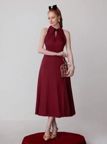 SHEIN Belle Burgundy Red Women's Elegant Open Shoulder Solid Color Formal Evening Dress (Heavy Style) - Burgundy - View 1