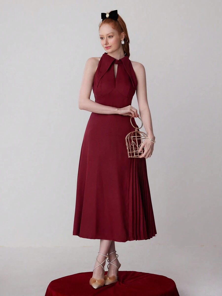 SHEIN Belle Burgundy Red Women's Elegant Open Shoulder Solid Color Formal Evening Dress (Heavy Style) - Burgundy - View 1