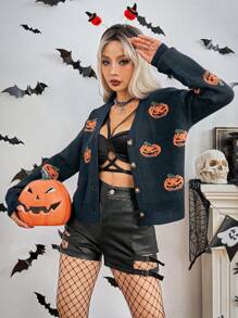 Chiquease Halloween Pumpkin Graphic V-Neck Drop Shoulder Knitted Cardigan Fall Cloth For Women