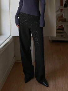 DAZY Spodnie z prostymi nogawkami z cekinami dla kobiet, strój na Nowy Rok, karnawał - Czarne - Zobacz 7