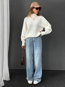 EURMUSE Casual Turtle Neck Balloon Sleeve Cable Knit Detail Plain Solid Sweater - White - View 2
