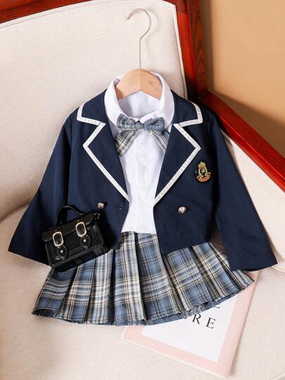 Souflis Souflis Young Girl Classic Academic Style Blazer With Shield Badge Collar Contrast Trim, Plaid Pleated Mini Skirt, And Plaid Bow 3-Piece Set