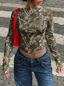 SHEIN EZwear Women's Street Wear Casual Plant Dead Branches Pattern Backless Long Sleeve Tight Cropped T-Shirt Pullover