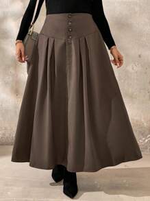 Calvaya Plus Size Solid Color Front Button Elegant Skirt, Autumn Winter Maxi Women - Rust Brown - View 3