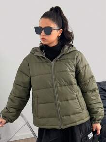 SHEIN Teen Girl Open Front Solid Casual Hoodie With Pockets, Warm Thick Outerwear - Army Green - View 3