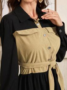 Seusyu 女式长款灯芯绒拼接收腰喇叭裙，配衬衫领，秋冬季 - 黑色 - 查看 3