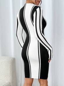 SHEIN Clasi Váy len cổ bẻ họa tiết sọc cho nữ công sở thường ngày, trang phục công sở, váy dự tiệc cưới mùa thu, - Đen và trắng - Xem 2