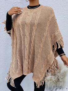 SHEIN LUNE Plus Size Women's Solid Color Fringe Trim Collar & Cuff Pullover Sweater, Autumn/Winter - Khaki - View 7