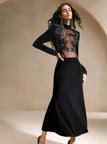 Anewsta Vestido largo de mujer con manga larga, cuello alto de malla transparente en contraste, con aplicaciones, vestido elegante de talla maxi