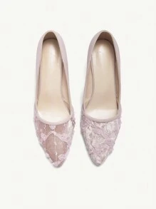 CUCCOO CHICEST 法式蕾丝细高跟尖头女式性感高跟鞋 - 粉色 - 查看 2