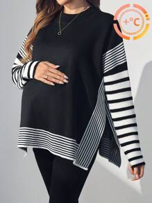 SHEIN Maternity Knit Sweater - Striped & Solid Pullover Knitwear For Pregnant Women, Autumn & Winter