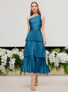 MOTF PREMIUM VESTIDO LARGO CON HOMBRO ÚNICO, Body FRUNCIDO, FALDA CON VOLANTES PLISADOS - Azul - Ver 2