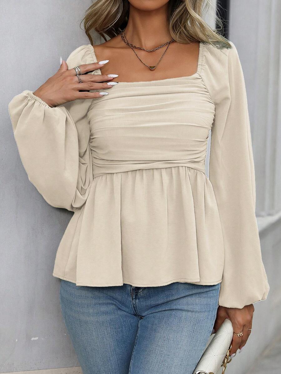 EMERY ROSE 女士春秋纯色方领灯笼袖褶皱荷叶边下摆衬衫荷叶边上衣 - 杏色 - 查看 1