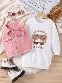 SHEIN 2pcs Young Girl Round Neck Letter Print Pullover Sweater And Button Front Jacket Set - Pink - View 4