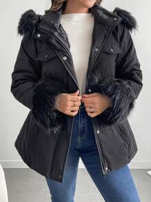 SHEIN LUNE Plus Size Solid Color Fuzzy Patchwork Front Zipper Long Sleeve Casual Padded Padded Coat Clothes Winter