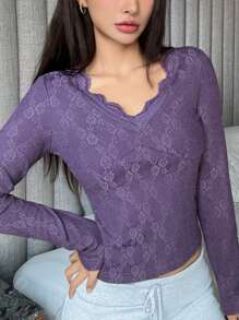 DAZY Lace Trim Fitted Sleepwear Top, Thermal Lined Fall,Winter Pajama