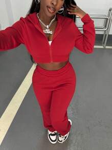 SHEIN 2 件套休闲纯色连帽短款上衣和运动裤套装
