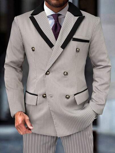 Manfinity Mode 男士撞色条纹翻领双排扣西装外套，秋季男装，男士休闲翻领西装外套