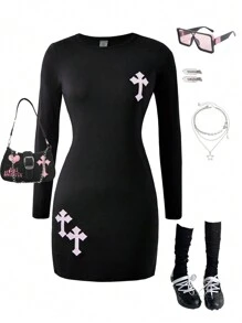 SHEIN Tween Girl Patch Cross Punk Gothic Style Long Sleeve Knit Dress
